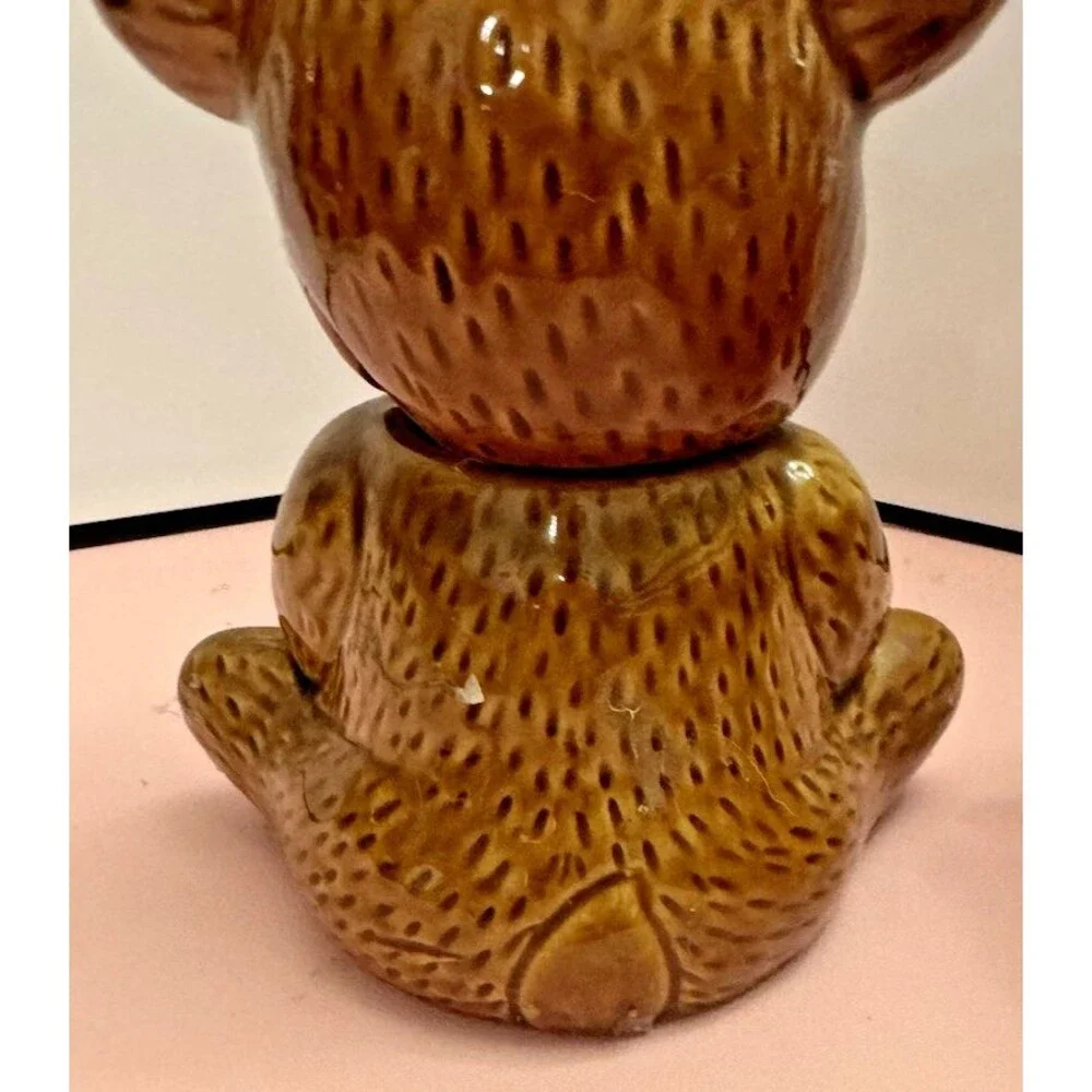 Vintage Ceramic Honey Bear Lidded Jar Brown Teddy Bear Holding Pot 5